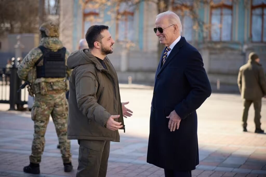 US President Biden with Ukrainian president Zelensky during his surprise visit to Kyiv on February 20/ Image source: AP